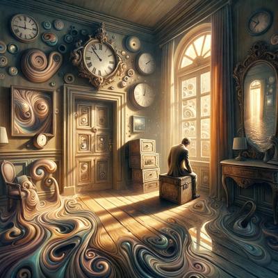 The primary subject of the image is a man sitting on a suitcase in a room filled with various clocks. The setting appears to be a room with a wooden floor, and the visual style is a combination of digital art and illustration. The room is decorated with numerous clocks, creating a unique and artistic atmosphere. The colors in the image are predominantly earthy tones, giving the scene a warm and cozy feel.